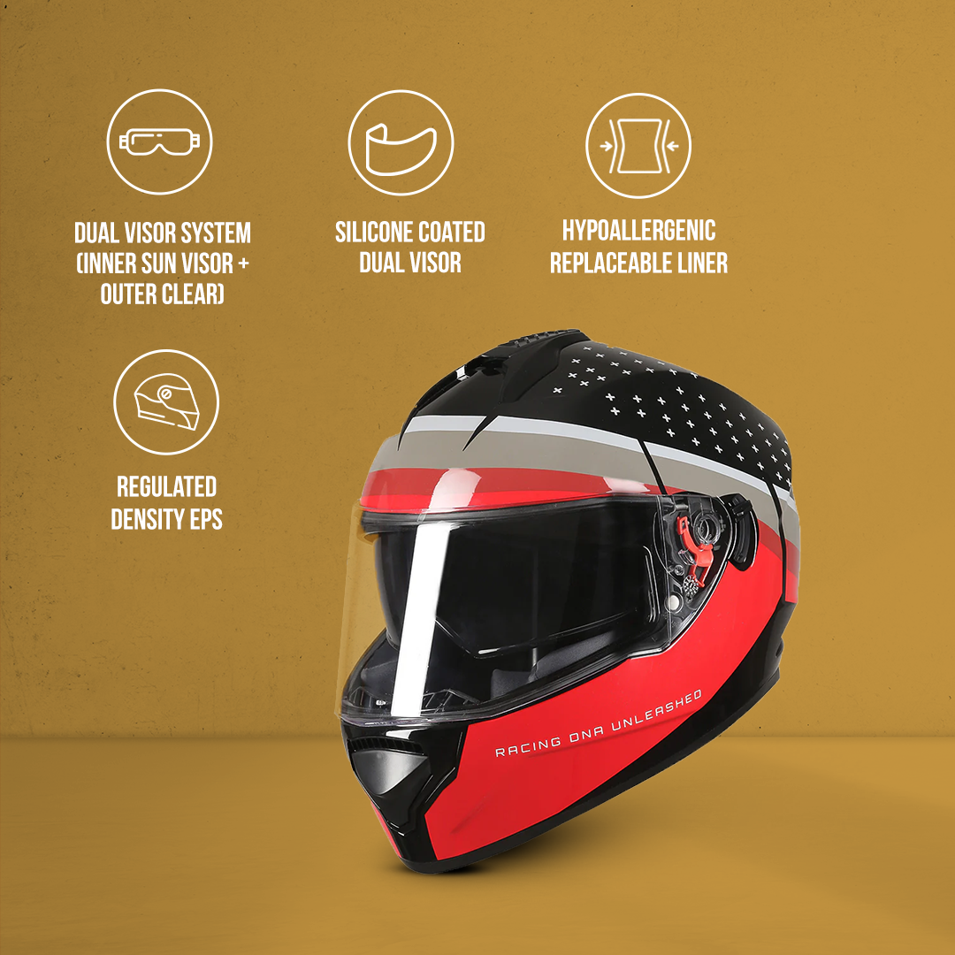 TVS Racing Phantom Series Full Face Dual Visor Helmet for Men | Premium Bike Helmets with ABS Shell, UV Paint | Quick Release System | Aerodynamic Design | DOT & ISI Certified (Black V1)